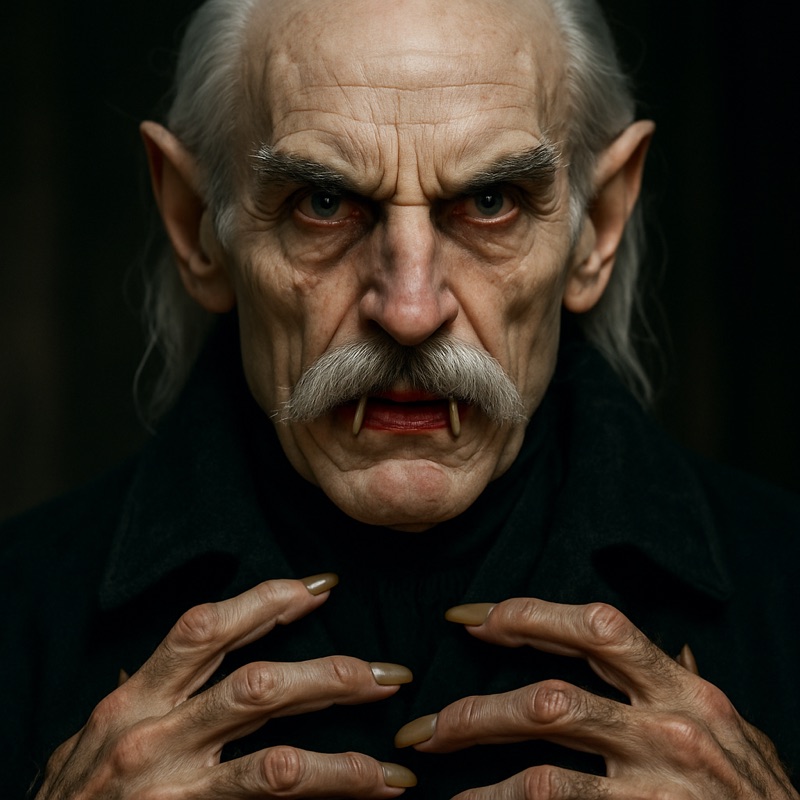 AI portrait of Count Dracula as an old man with a long white moustache and pointed ears