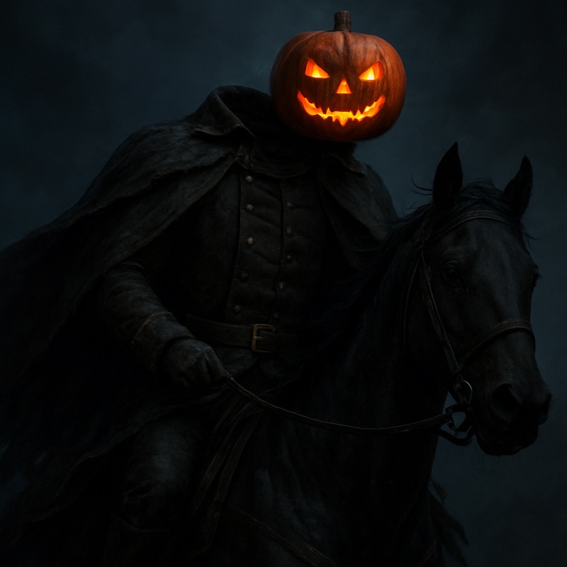AI image of the Headless Horseman on a black horse with a glowing jack-o'-lantern for a head