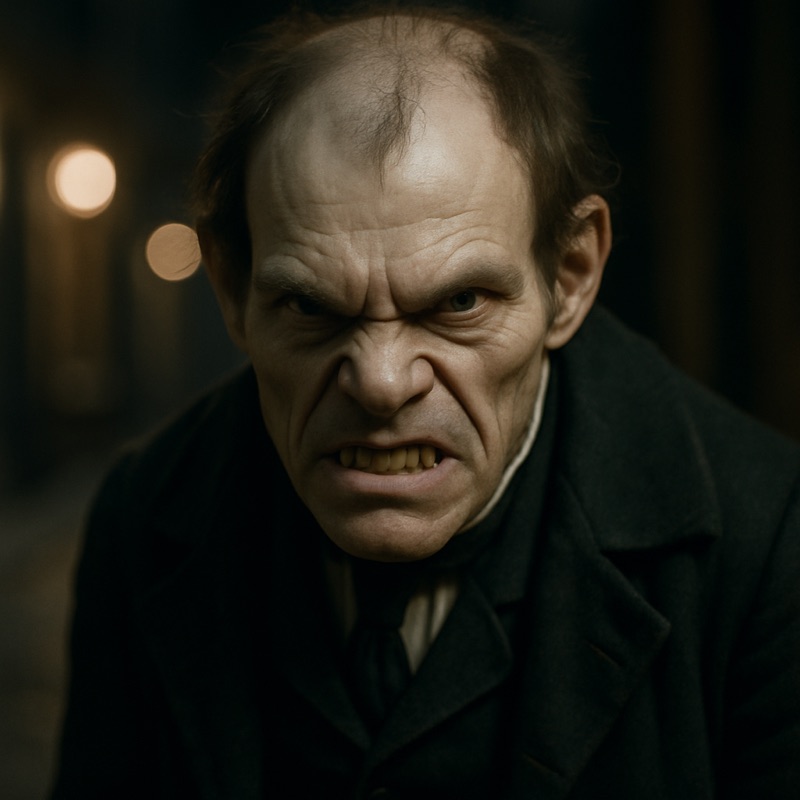 AI portrait of Edward Hyde, a small pale snarling man in a dark coat