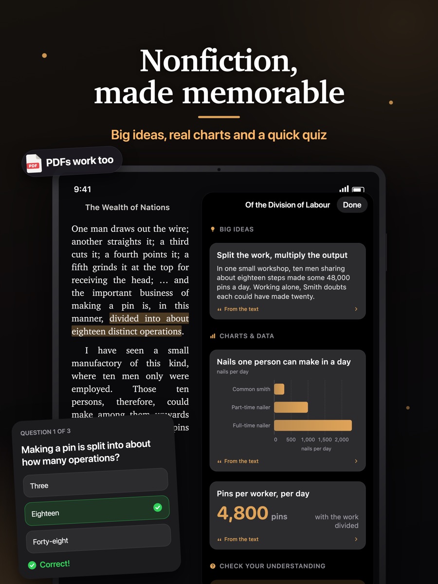 Book2Life on iPad: a chapter of The Wealth of Nations beside its Insights panel, with a big idea card, a bar chart of nails made per day, and a quiz question