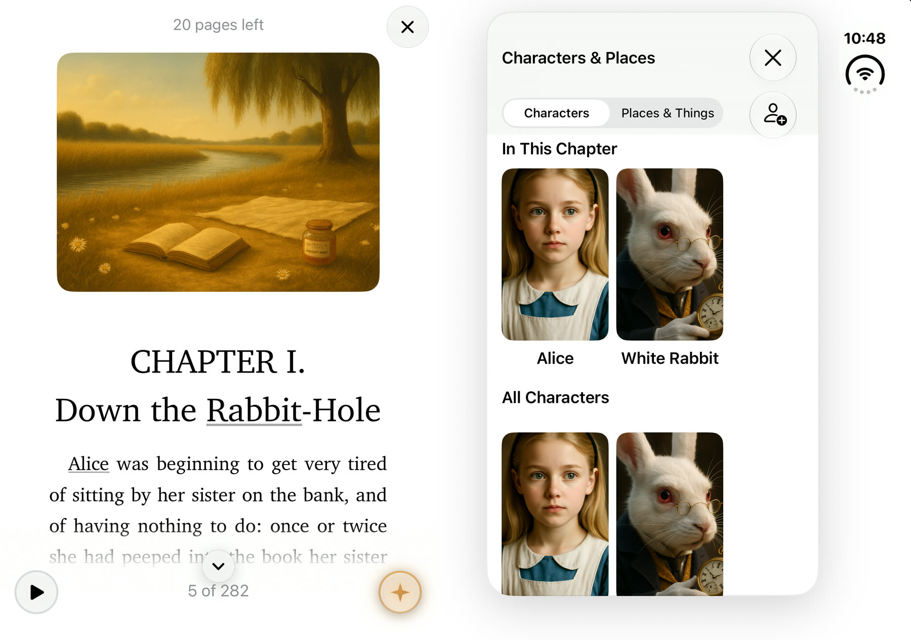 The Characters & Places panel docked on the right half, beside the page