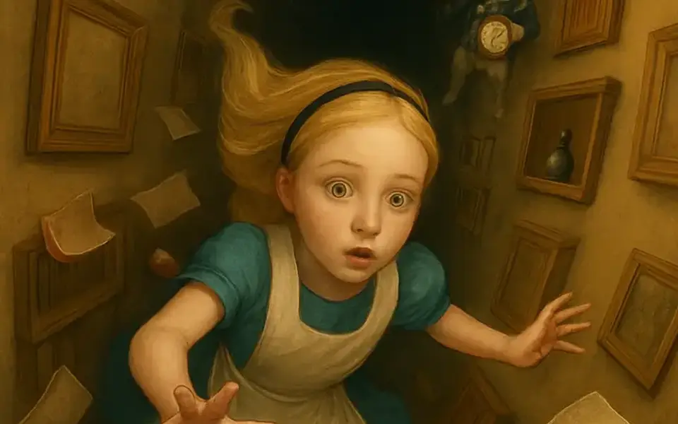 Alice falling down the rabbit hole, from Alice's Adventures in Wonderland