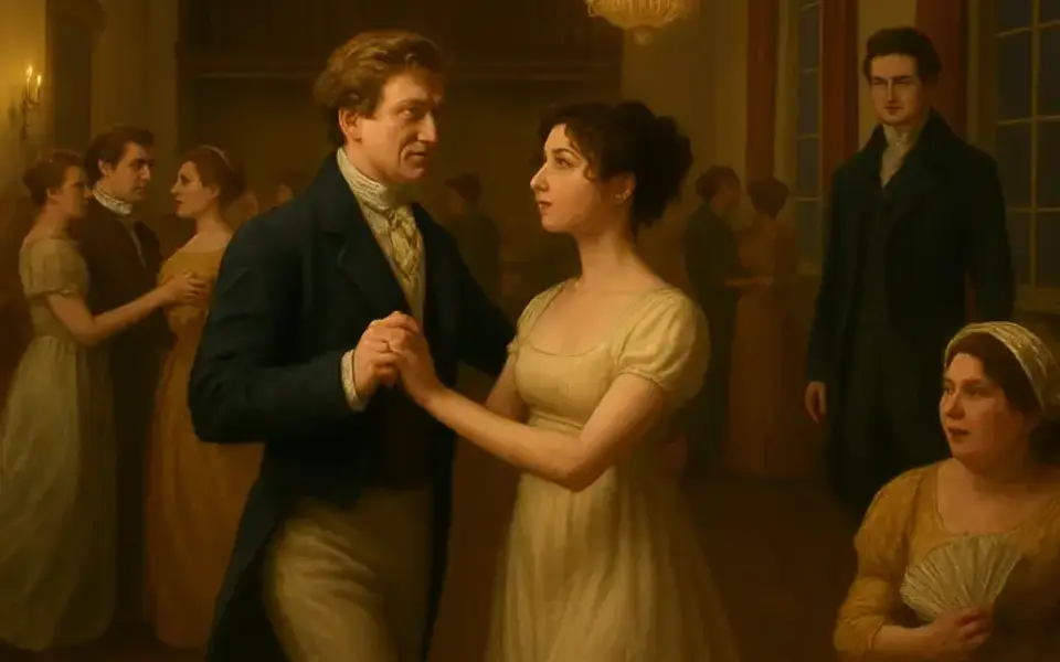 An illustrated ballroom scene from Pride and Prejudice