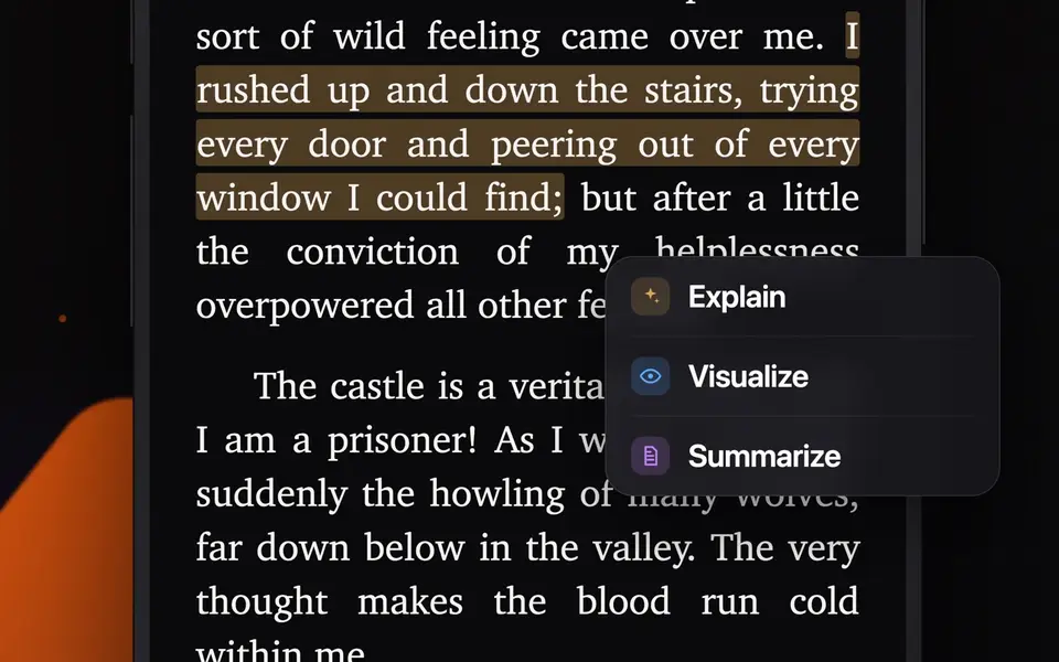 A highlighted passage in Dracula with Explain, Visualize and Summarize