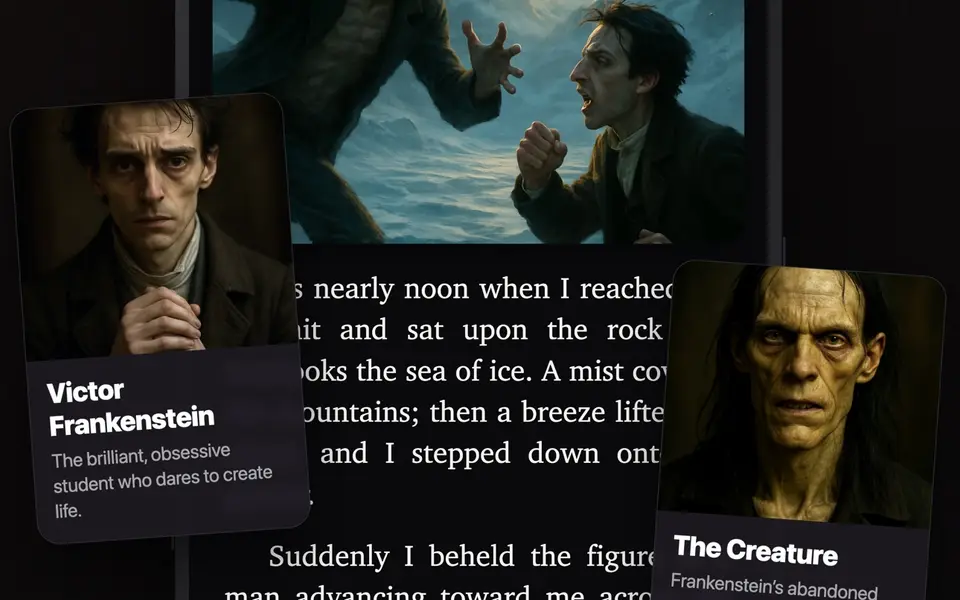 Portraits of Victor Frankenstein and the Creature over the page