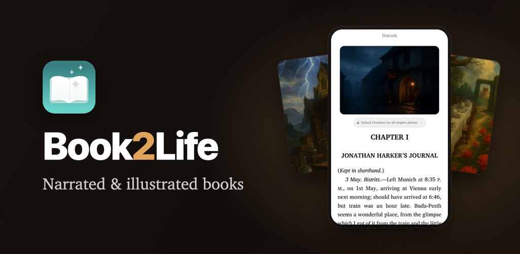Book2Life on Android: Dracula with an illustrated scene above chapter one