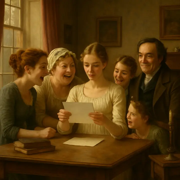 A cluttered Longbourn breakfast room: Jane reads aloud a note from Netherfield while Mrs. Bennet leans forward, eyes sparkling with excitement, Lydia and Kitty chatter and crowd round, and Mr. Bennet reclines with a bemused, sardonic smile. The letter is the visual focus — white paper held between eager hands as the family reacts in a tumble of curiosity and triumph.