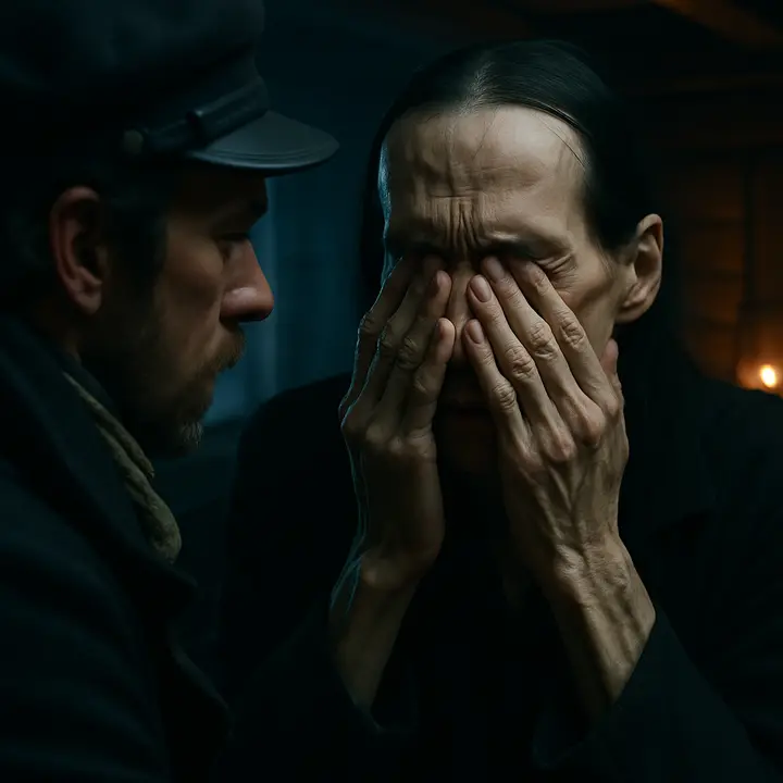 In the cramped cabin, Walton speaks passionately of his quest and the price he'll pay, and the stranger suddenly breaks: he covers his face, sobs, and then, with a groan, implores Walton to abandon his pursuit. Tears stream between his fingers; when he speaks his voice is raw with warning and a shattered, intimate grief.