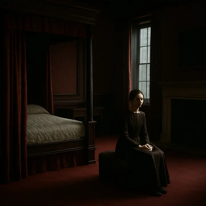 A wide, stately view of the red-room: the massive mahogany four-poster bed with deep red damask curtains like a tomb, the crimson carpet, dark polished furniture, and the snowy Marseilles counterpane glowing like a cold island in the centre. Jane sits as a small, isolated figure on a low ottoman near the marble chimney, dwarfed by the room's solemn grandeur and hush.