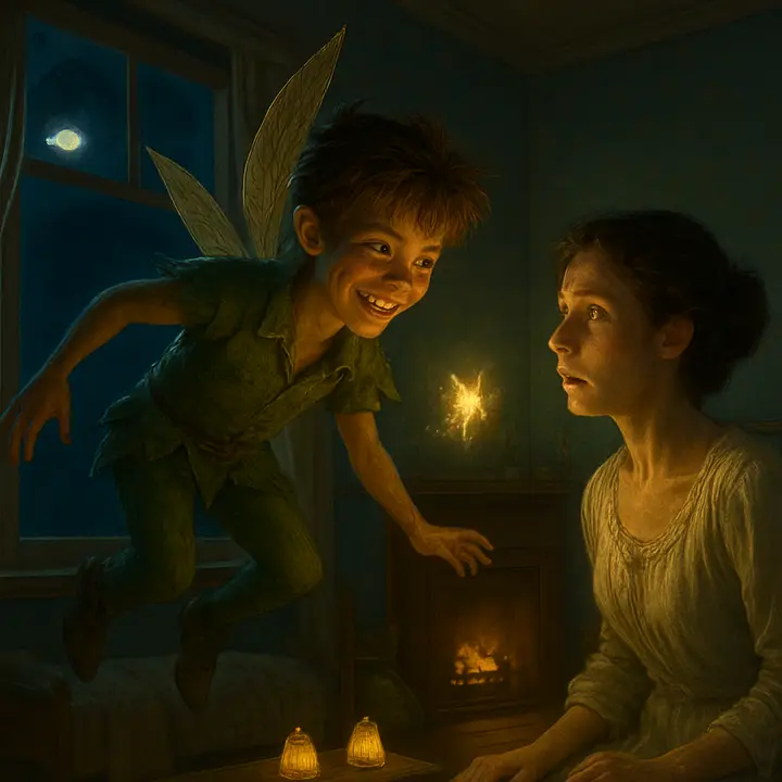 The nursery window bursts open and a boy drops in, framed in moonlight—Peter Pan in skeleton leaves, eyes bright and fiercely childlike—followed by a fist-sized darting light, Tinker Bell. Mary Darling startles upright; wonder and a flash of threatened adult authority meet the wild, uncanny innocence of Peter’s grin and the tiny jealous glow of the fairy.
