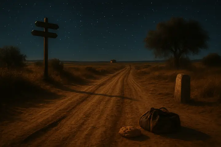 A moonless stretch of trail cuts a dark ribbon across scrubby plain beneath a vault of stars; pale grasses ripple in a faint breeze and a coppice silhouette punctuates the skyline. An upturned bota and a half-crusted loaf lie abandoned on the verge, dimly outlined by starlight, the scene hushed and parched under the wide night.