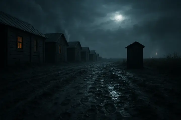 A row of timber huts sits against a churned, frozen yard; moonlight slicks the ploughed earth and highlights scattered bootprints and a lone latrine-shed, while tall grass and thin smoke bend under a cold night wind. The horizon is a flat black line broken by the distant, throbbing sky — occasional pale flares touch the clouds and make the ground tremble with faraway thunder.