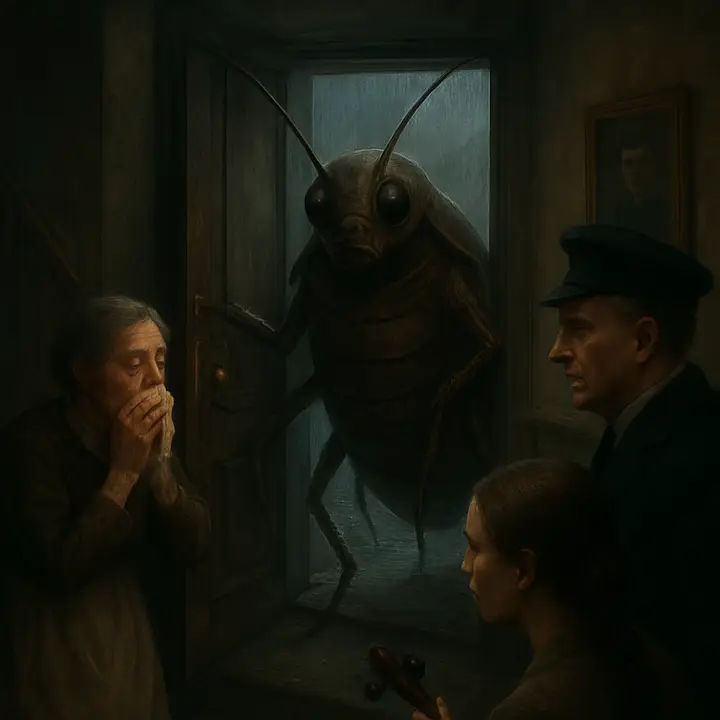 The lock snaps and Gregor forces the double doors open, rotating his strange body into the room so he is half-visible; the Chief Clerk utters a wind-like 'Oh!' as Mrs. Samsa collapses into her skirts and Mr. Samsa covers his face. Rain streaks the doorway, a photograph of Gregor in uniform seems to watch in accusation from the wall, and the flat is flooded with stunned, chaotic light. 