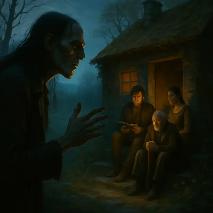 Spring arrives: buds and wet earth frame a scene where Felix reads aloud to the blind De Lacey on the cottage steps while Agatha listens. In the foreground, hidden but nearer than before, the Creature practices rough, nascent words and watches them with hopeful longing — he has learned names and language and dreams of revealing himself.