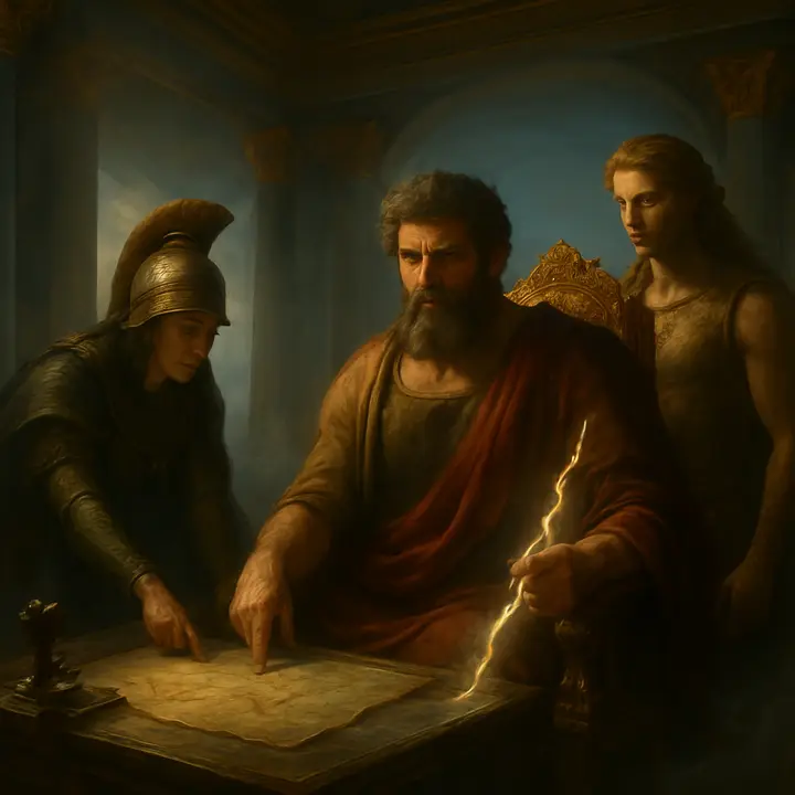 On Mount Olympus the gods sit in a grand hall like stage managers, pulling gleaming levers and unrolling maps that send ripples down to the battlefield below. Zeus presides with thunder in his hand, Athena leans in plotting, and Apollo watches with cold, distant amusement as human fates are adjusted with theatrical precision.