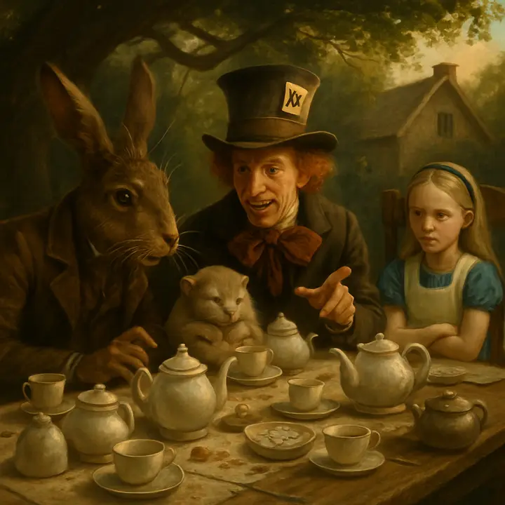 A long, cluttered tea-table under a gnarled tree before a cottage; the March Hare and Mad Hatter sit elbow-to-elbow with the Dormouse slumped between them like a cushion, while Alice indignantly takes a large armchair at the table's end as they cry “No room!” Teapots, tilted cups, crumbs and a battered pocket-watch scatter the tabletop; the Hatter leans forward, mid-riddle, eyes bright with mischief.