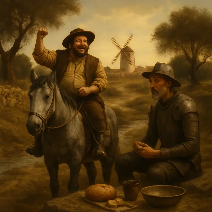 Sancho discovers the dapple‑grey steed left by the fleeing man and, gleeful, rigs it up 'to the ninety‑nines'; the pair break for a rustic breakfast on the grassy bank of a brook by the mills, sharing stolen provender and a draught of cold water. Portray Sancho in proud, triumphant posture on the new mount while Don Quixote, amused and formal, forbids outright plunder yet allows a small reward in keeping with chivalry.