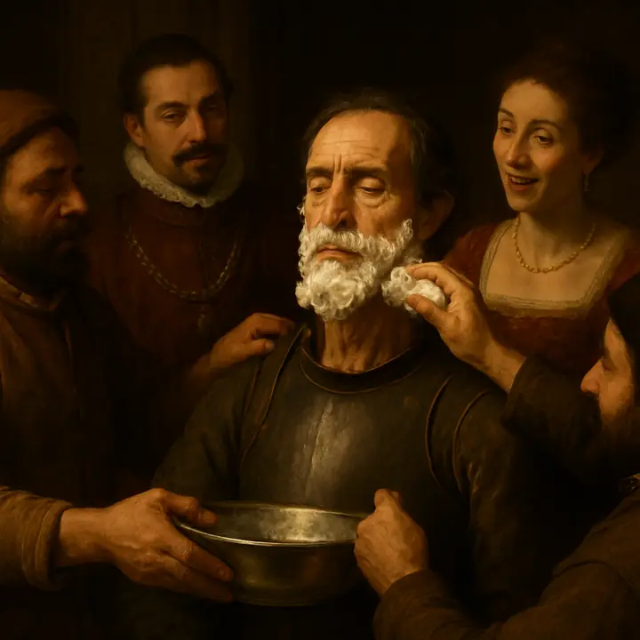 Four attendants thrust a silver basin under Don Quixote's chin and lather his beard into a comical mask of white soap until his eyes and face are smothered. He stands blind and stately, neck exposed and ridiculous, while the duchess and duke struggle between anger and delight and the table erupts in suppressed laughter.