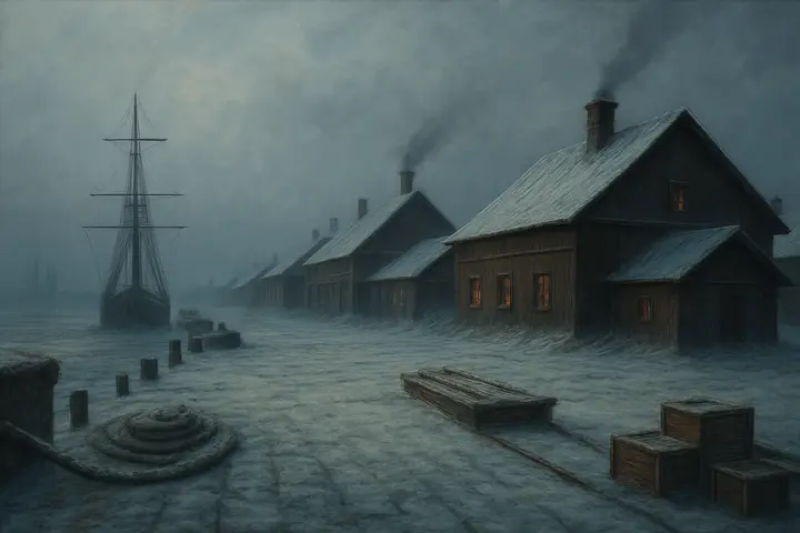A frozen river mouth opens onto a broad, wind-scoured quay lined with salt-blackened warehouses and leaning masts. Crusted ice clings to timber pilings and a thin veil of steam rises from the stone docks, the town’s outline a low, distant silhouette beneath a pewter sky. The whole scene feels tight and brackish, the architecture pitted by cold and damp.
