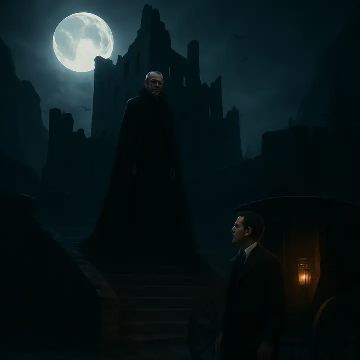 The ruined keep of Count Dracula's castle rises like a black tooth against a stormy sky as the caleche pulls up in the courtyard; Count Dracula appears at the head of a long courtyard staircase, pale and still, his dark cloak flowing, while Jonathan stands small and vulnerable at the wheels, craning up toward the silent, regal figure. Bats wheel in the twilight and a sense of hostile, ancient welcome hangs heavy in the air.