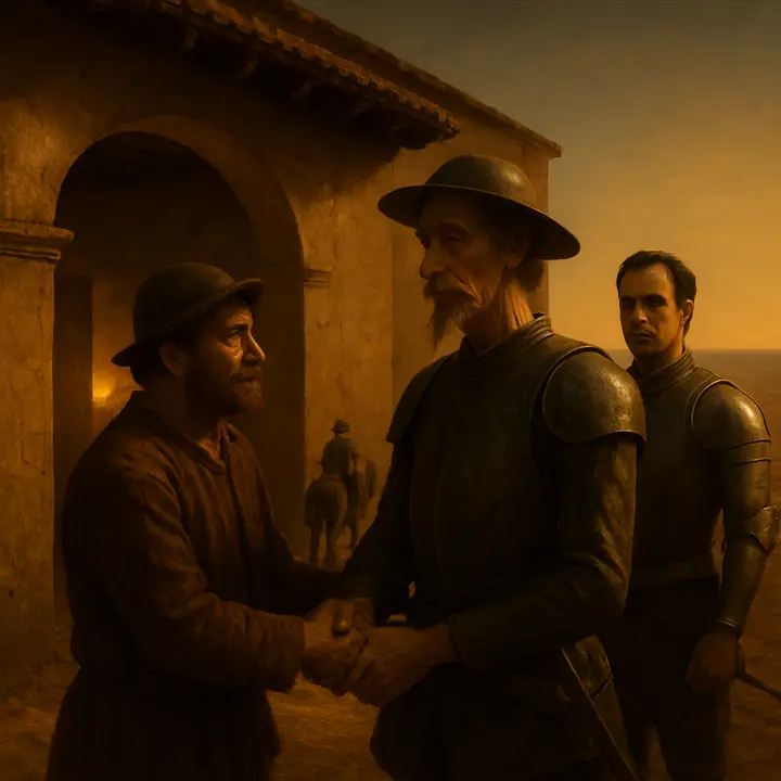 At nightfall, beneath an expansive La Mancha sky, Don Quixote rides Rocinante and Sancho mounts his Dapple, laden with alforjas; Samson embraces Don Quixote farewell on the roadside as the two figures set off toward El Toboso, silhouettes receding into the plains. The scene is hopeful and a little melancholic — the beginning of the third sally under moonlit immensities.