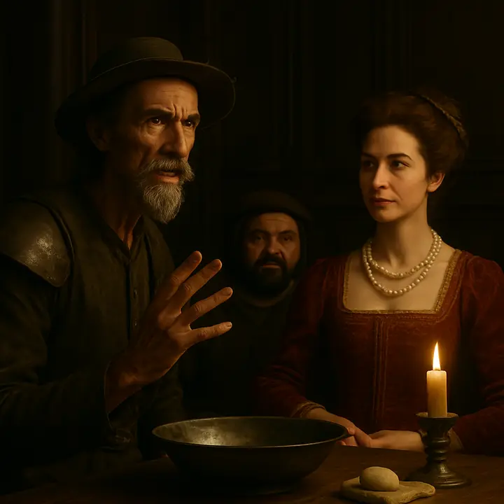 In a grand, earnest tone Don Quixote refuses to debase his Dulcinea with mundane description, arguing she has been cruelly enchanted into a coarse wench. The duchess scoffs and cites Sancho's tale of 'sifting red wheat,' provoking Quixote's noble but desperate defense of her true, ideal form.