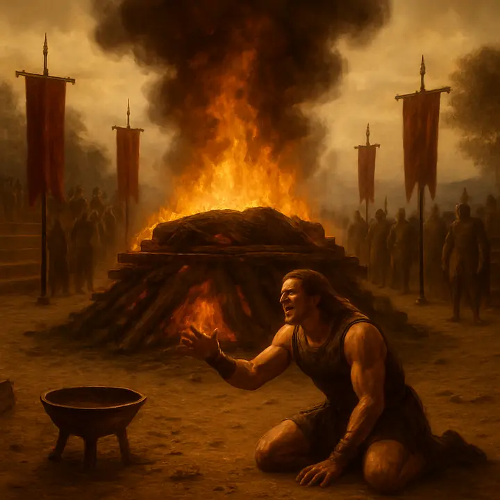 The funeral pyre of Patroclus roars atop the Games Ground, a towering pillar of flame and black smoke that blots the sky; Patroclus' covered body lies on the pyre while scattered armor glints in the firelight. At the base, Achilles collapses — raw, uncontrolled grief written across his face as he reaches toward the flames, a hulking figure undone; nearby silhouettes of warriors and attendants stand stilled by the cataclysmic sorrow. The scene is epic in scale and intimate in emotion, the blaze transforming the hero into myth.