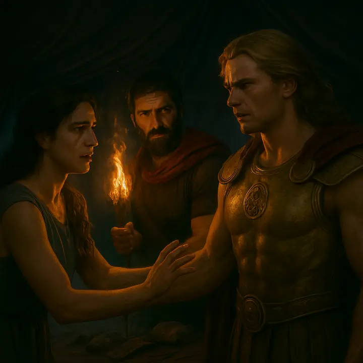 Inside Achilles' tent by the beached ships, Agamemnon's attendants forcefully lead Briseis away as Achilles sits rigid and pale with fury; Briseis reaches back toward Achilles, face streaked with tears, while the Achaean ships loom like dark teeth behind them. The moment captures the private humiliation and the spark that will set Achilles apart from the army.