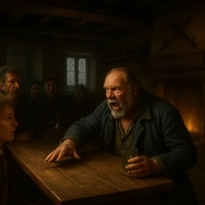 Inside the taproom the same sea-dog sits in a corner by the fire, glass of rum and water in hand, and suddenly flaps his palm on the table and belts out the savage chorus — 'Fifteen men on the dead man's chest — Yo-ho-ho!' — while the room answers in forced, frightened chorus. Faces around the table are half-amused, half-terrified; a young Jim watches with a mixture of awe and alarm as the captain rants and commands the company.
