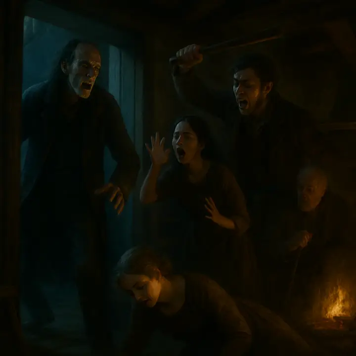 The cottage door bursts open and the younger visitors return: Felix lunges, tearing the Creature from De Lacey's knees and striking him; Agatha collapses fainting, Safie screams and flees into the yard, and the room explodes with terrified faces. Reeling from pain and the sting of rejection, the Creature suppresses a savage fury and, heartbroken, slips away into the surrounding woods and winter dusk.