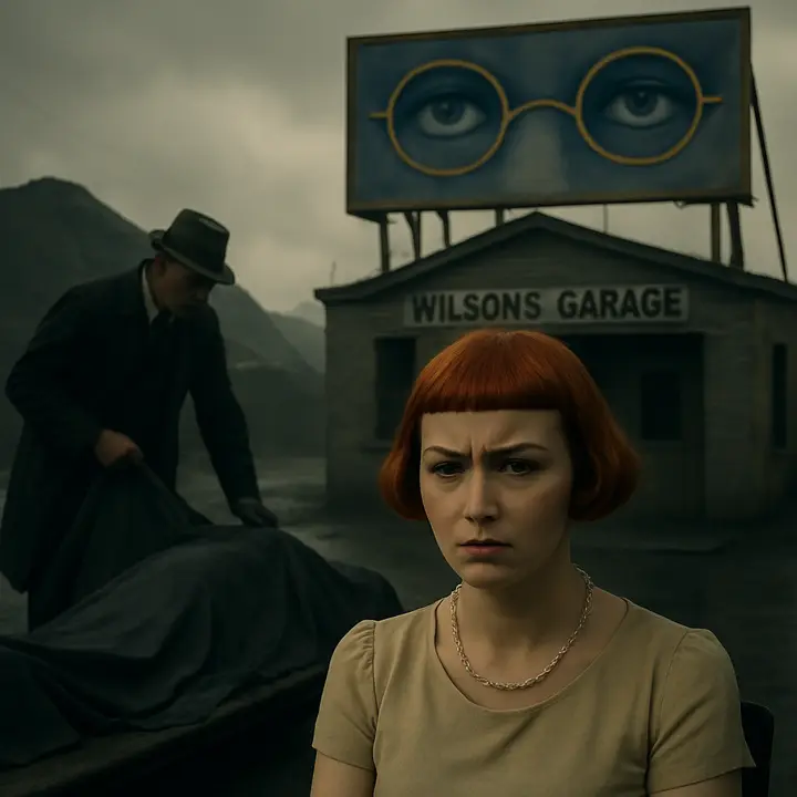 Catherine sits upright with freshly corrected brows and fierce, determined eyes, swearing at the inquest that her sister never knew Gatsby; a detective hovers over the covered body of George Wilson, muttering the phrase 'mad man' that will seed grotesque newspaper tales. The coroner’s room feels clinical and cruelly small, with grief misread as derangement. The scene shows accusation, sorrow, and the flattening of truth into rumor.