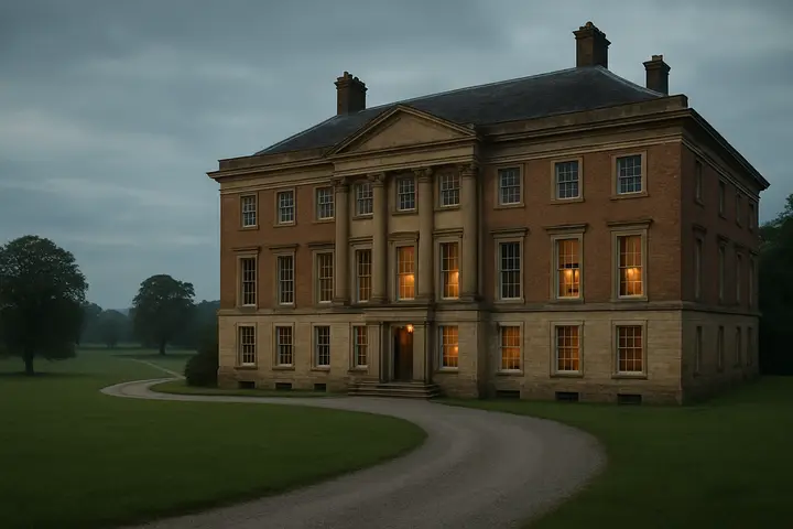 The stately façade of a newly-let estate set back behind a sweeping gravel drive and clipped lawns, the principal rooms glimpsed through tall sash windows framed by stone pilasters. Overcast late-afternoon light softens the house against an expanse of parkland dotted with distant elm trees and a faint carriage sweep cutting through the grass.