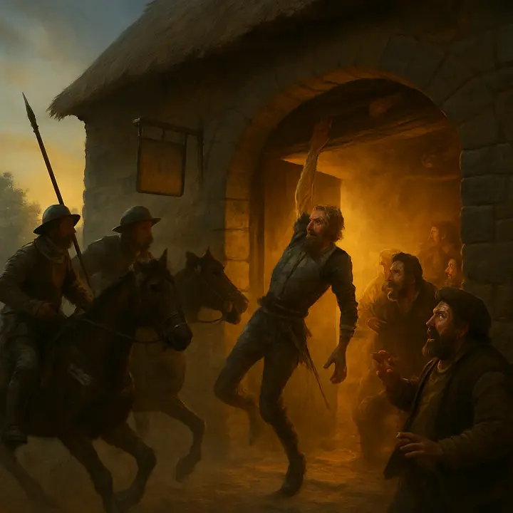 Dawn erupts as four well‑equipped horsemen thunder up and pound the inn gate; the sudden movement nudges Rocinante and Don Quixote slips, hanging by an arm in agony as the startled innkeeper and guests scramble awake. The new arrivals laugh and jeer while the inn bursts into chaotic motion—horses snorting, doors flung, and a suspended, humiliated knight caught mid-desperation.