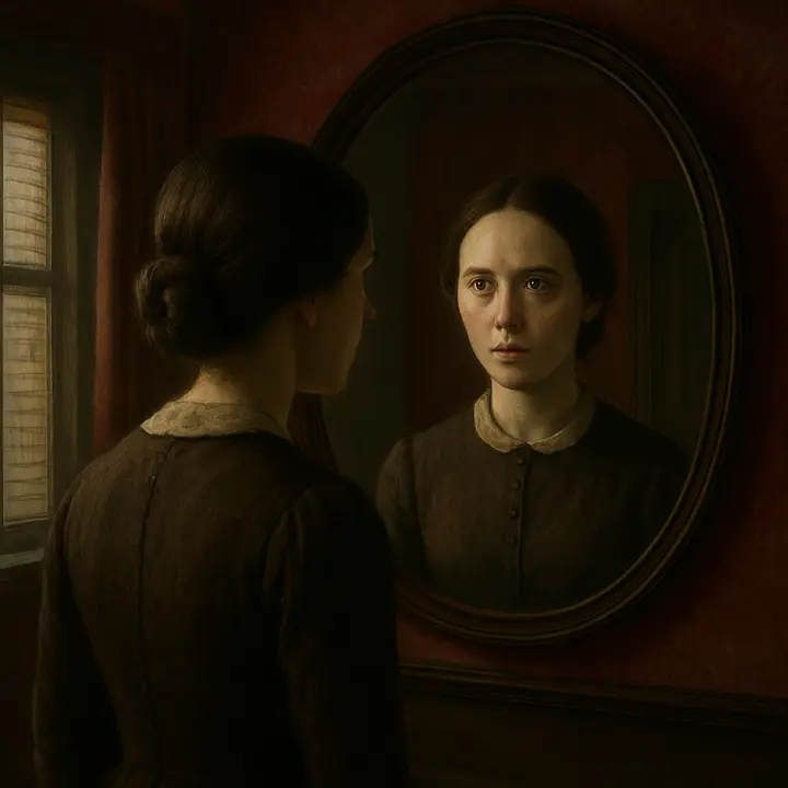 Jane crosses before the great looking-glass and catches her own pale, frightened reflection: a white face and glittering eyes framed by dark room-shadows, appearing like a tiny phantom in the glass. Her reflection seems to belong to another world — half child, half imp — and she recoils, superstitious terror tightening her posture.