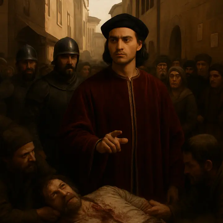 Cesare Borgia rides through the bustling Civic Square flanked by grim captains as a crowd parts; in the center his agents have dragged out the bloodied body of Remirro de Orco, and Cesare presents the deed with an impassive, theatrical calm meant to transform fear into approval. Faces in the market register shock, relief and calculation as the spectacle reshapes public opinion in an instant.