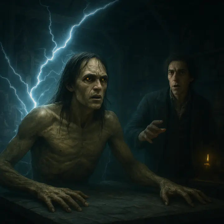 In a cluttered Ingolstadt laboratory of glass, coils, and instruments, a monstrous figure convulses into life on a cold slab as brilliant arcs of electricity crackle through the room; nearby, Victor staggers back, horror and revulsion contorting his face. The creature's yellowish eyes open for the first time, damp hair clinging to its brow, while the shadowed apparatus bathes everything in an unnatural, sickly light.