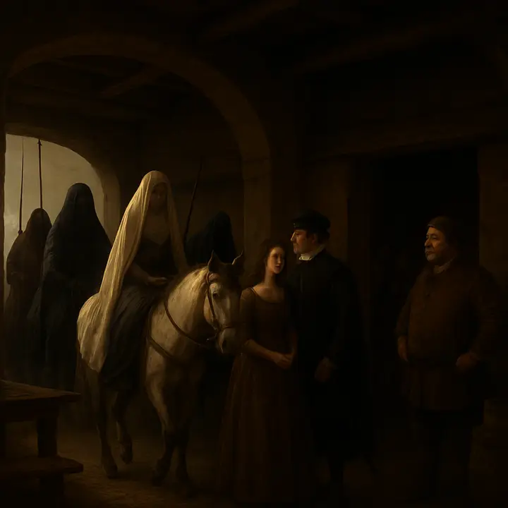 At the inn gate a strange, silent cortege arrives: four horsemen in black veils riding in jineta style flank a veiled woman in white riding side‑saddle, two footmen behind; the landlord stands aside, guests and servants cluster in the dim doorway as Dorotea steps forward to offer aid. Shadows of lances and bucklers cut across the stone, and the air is thick with whispered gossip.