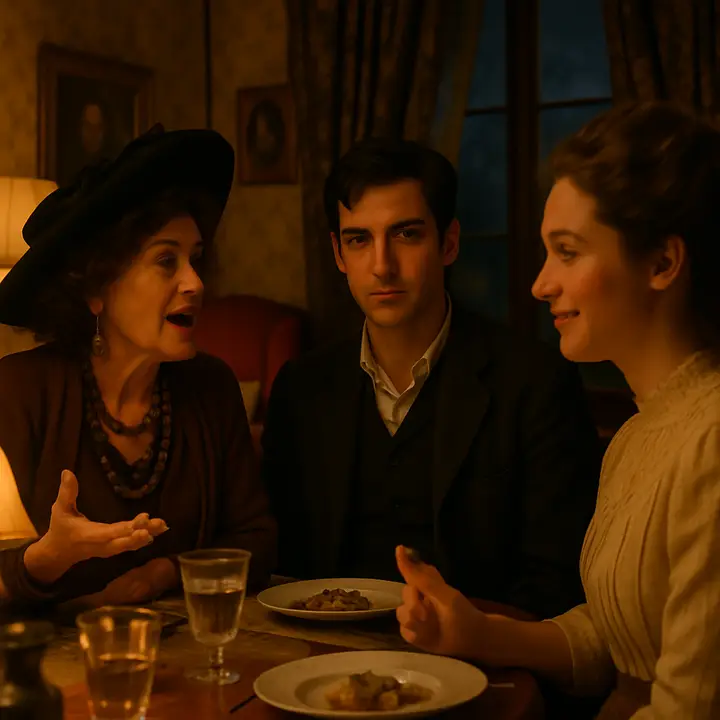 In the drawing-room an extrovert, stylish woman extols the 'sweetly squalid' corners of Italy while George Emerson casts a quick, almost secretive glance at her and then drops moodily to his plate. Lucy, newly pleased but shy, gives a nervous bow and receives from George a small, knowing eyebrow-and-smile that seems to bridge some private distance. The scene hums with subtle social electricity and unspoken intrigue.