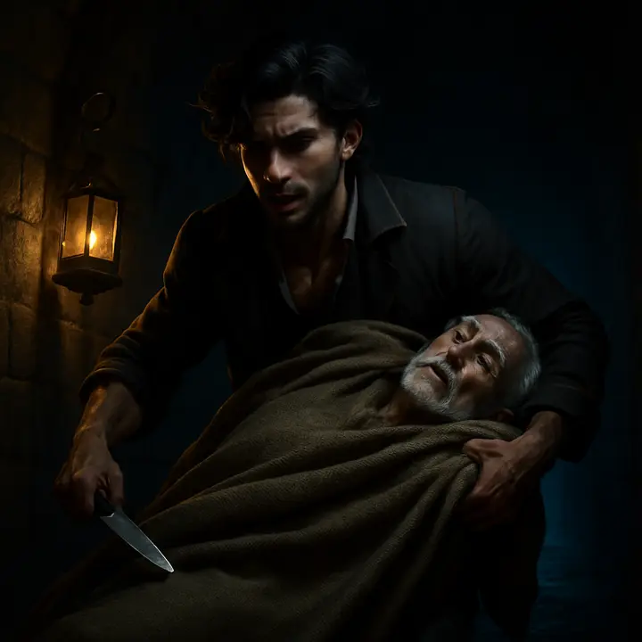 Edmond, knife in hand, bends and tears open the coarse canvas; he drags the rigid body of the abbé from the sack and hoists it, cradling the corpse awkwardly as he slips along the narrow, torchless prison tunnel. The tunnel walls close in, the light small and cold, every movement furtive and strained.
