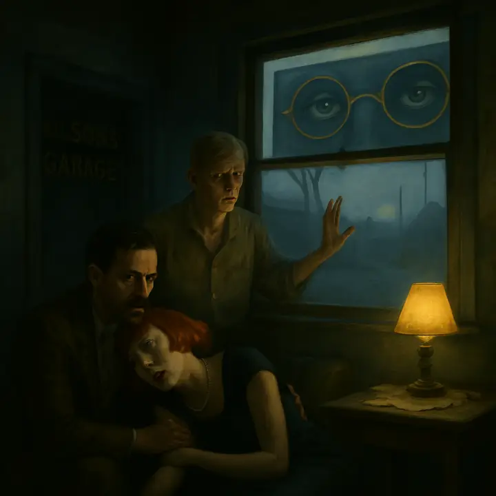 Night at the Valley of Ashes garage: Catherine, drunk and hysterical, fainting while a changing crowd presses the dim office front; George Wilson rocks on a couch, incoherent and stricken, beetles thudding against the dull light. Michaelis fumbles for comfort as dawn creeps blue and Wilson, pressed to the window, whispers to the gigantic, pallid eyes of Doctor T. J. Eckleburg, 'God sees everything.'