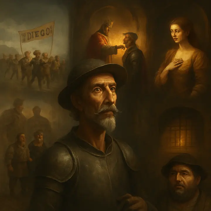 Don Quixote launches into a grand, luminous fantasy: a cinematic montage of parades of boys crying his title, a king robing him in scarlet, a princess falling in love, a dwarf and dame presenting a trial between giants, sieges, campaigns and a final tearful farewell at a grated window. Render this as a dreamlike series of vignettes swirling around the animated storyteller while Sancho listens, wide‑eyed and scheming at the promise of a countship.