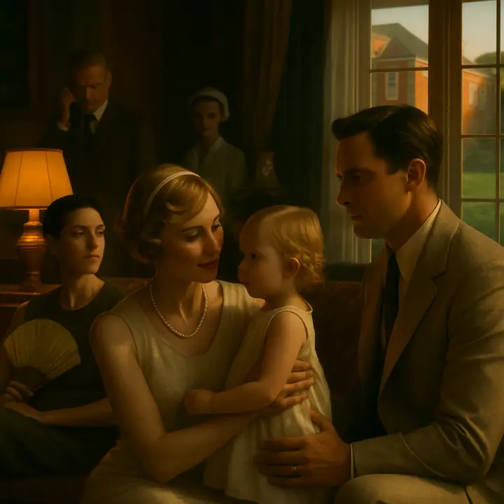 The Buchanan drawing room swelters: Daisy and Jordan recline on an enormous couch like gleaming statues, fans fluttering, as Tom paces angrily on the telephone. Gatsby stands awkwardly near Daisy; she impulsively leans up and kisses him, then fusses over her shy little daughter Pammy held by a nurse, while all eyes register Gatsby's stunned, reverent look at the child.