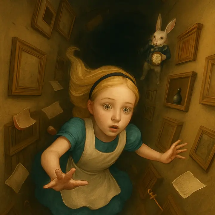 Alice is tumbling down the Rabbit-Hole Tunnel, surrounded by a surreal blur of shelves, teacups, framed pictures and a stray key tumbling with her; papers and a small table float past as the tunnel stretches away in a dizzying spiral. Far above, the White Rabbit peers down in alarm, pocket-watch in hand, his form small against the collapsing perspective.