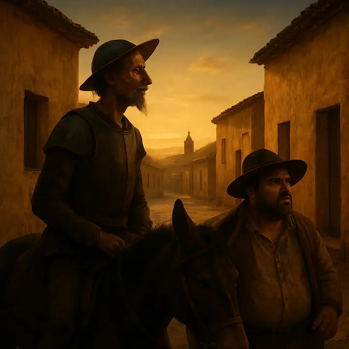 At dawn they glimpse the city of El Toboso on the horizon; Don Quixote brightens with rapture while Sancho’s face falls with worry at not knowing Dulcinea’s house. Later, hidden among oak trees at dusk, the two figures prepare and then slip into the village at nightfall — a silhouetted, anticipatory entrance that promises mischief and mystery.