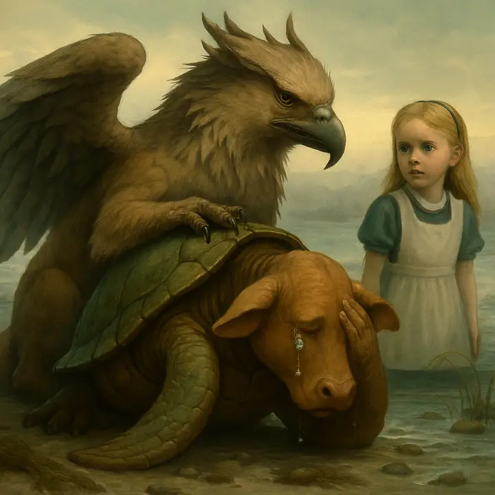 The Mock Turtle sits hunched on the pebbled shore, one flapper dragged across his eyes as huge, sorrowful tears stream down his cheeks; the Gryphon towers over him, half exasperated, half tender, shaking and lightly punching his back to rouse him while Alice watches, small and uneasy. Salt spray and discarded seaweed cluster around their feet, giving the moment a comic-pathos quality.