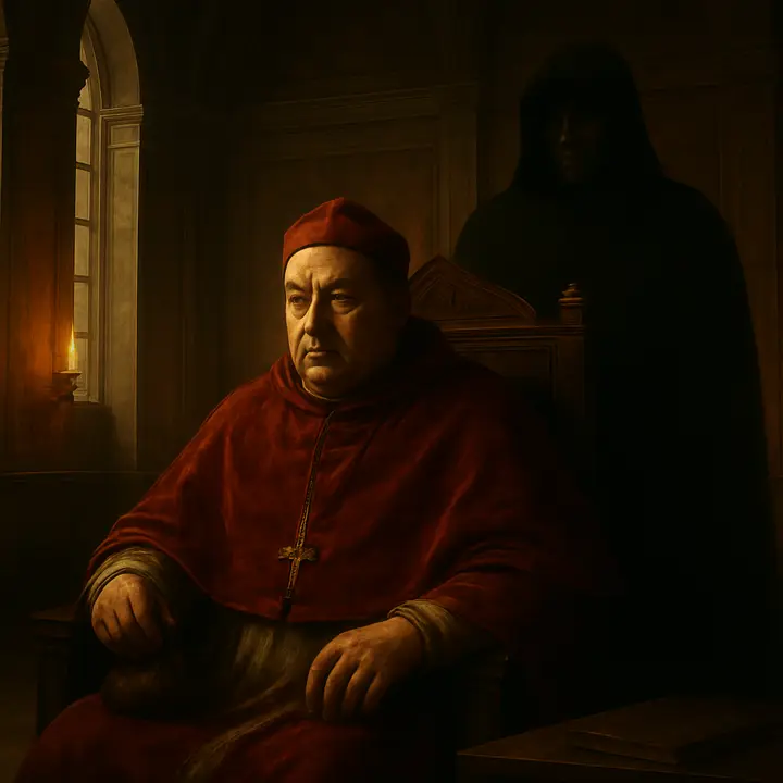 An opulent audience chamber where Pope Alexander VI sits enthroned, his face half-shadowed and courtiers clustered with glinting purses; the air thick with intrigue and the whisper of transactions. Behind him a looming, cloaked silhouette of Ferdinand II of Aragon appears draped in clerical robes that barely conceal a coiled serpent — a stark metaphor for religion masking vice and political calculation.