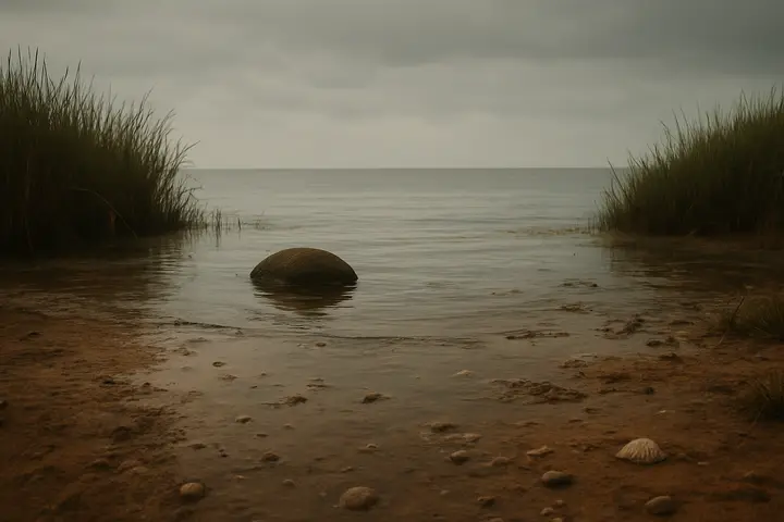 A low, wind-scoured shoreline of shallow pools and slick rocks opens to a gray, flat sea; a single rounded rock sits half-immersed at the waterline as slow waves lap around it. Salt-stung reeds and scattered shells dot the wet sand, the horizon a blurred seam beneath a sullen, diffused sky. The scene reads like a quiet, melancholic stage of erosion and memory.