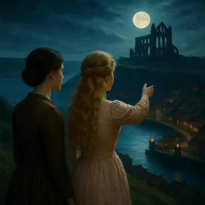 Mina Harker and Lucy Westenra step onto the crescent, the steep green valley of Whitby unfolding below them: red‑roofed town clustered beneath the noble ruin of Whitby Abbey, the river Esk threading down to the harbour and twin piers jutting into a moody sea. Lucy, bright in summer dress, gestures toward the abbey while Mina watches the distant lighthouses, uneasy and thoughtful.