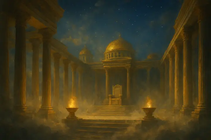 Marble colonnades and shining domes rise above a ring of cloud, the great throne on its raised dais standing empty beneath a vaulted, star-bright ceiling. Ambrosial mists coil between gilded pillars and bronze braziers glow in the hush, Vulcan’s distant domes gleaming like molten metal under the high sky.