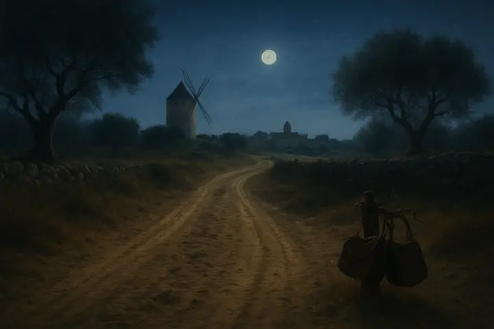 A narrow dirt track winds away from the village through stubbled fields, its wheel-ruts and fresh hoofprints cutting into the earth under a low, cool night sky. Moonlight throws the distant roofs and a lone windmill into silhouette; a bramble-wrapped post by the roadside bears two empty alforjas, mute evidence of travellers already on their way.